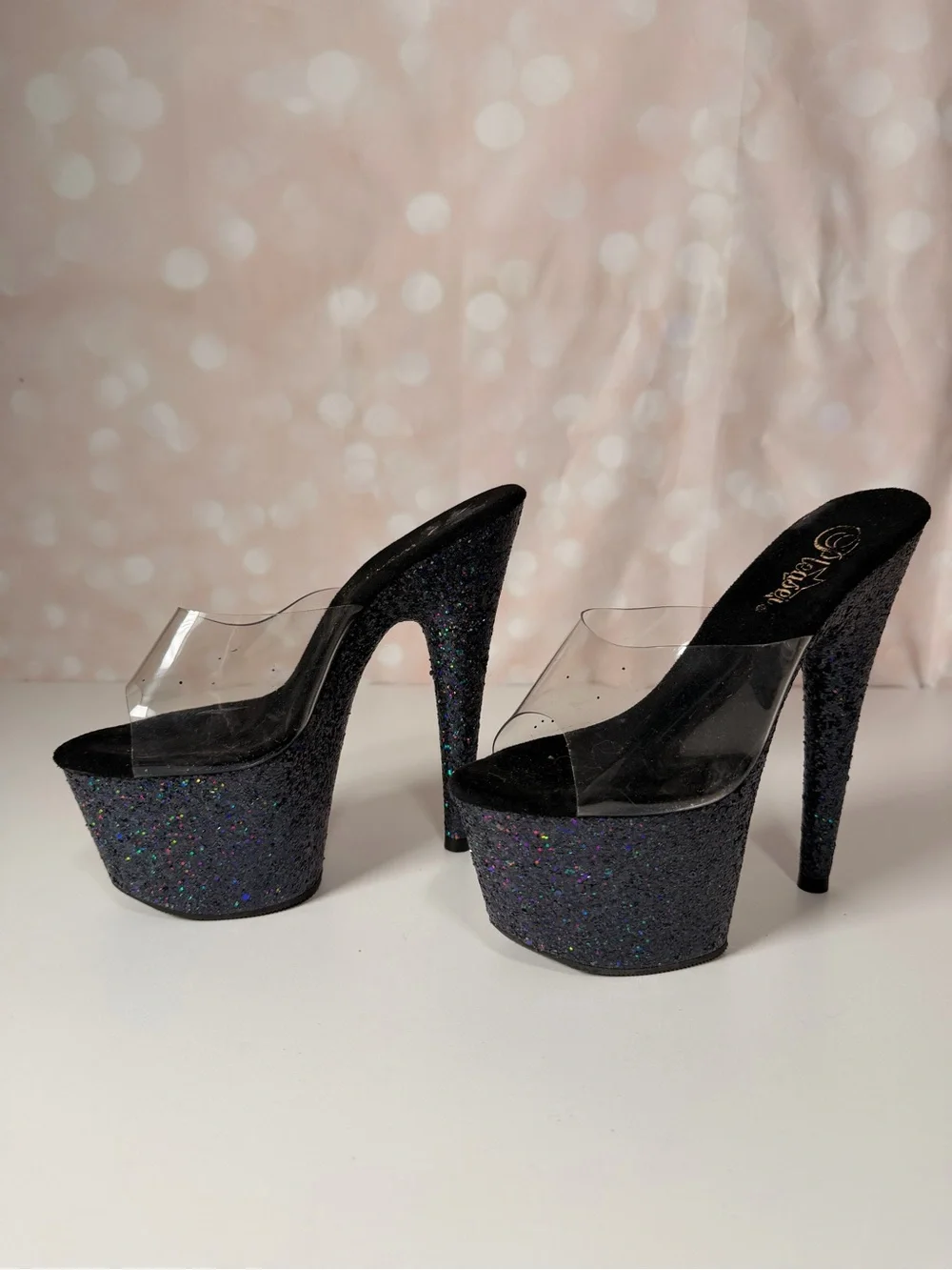 PLEASER Black Glitter Platform Heels Mules Sandals